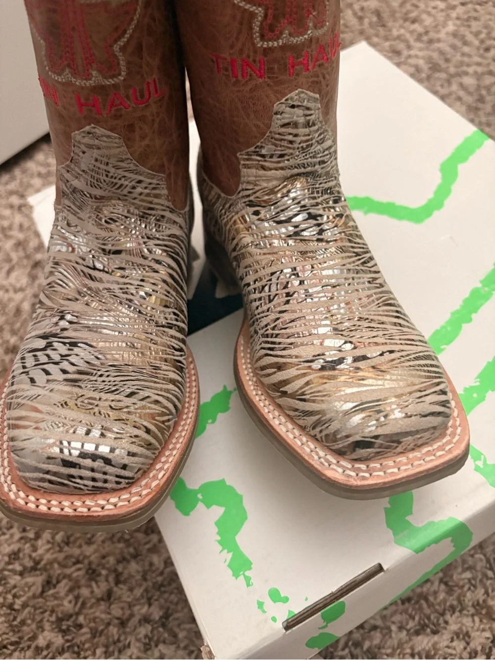 Tin Haul Kidz Metallic Silver & Brown Western Boots with Pink Trim